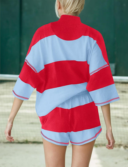 Women's Quarter Zip Color Block Top & Shorts Matching Set
