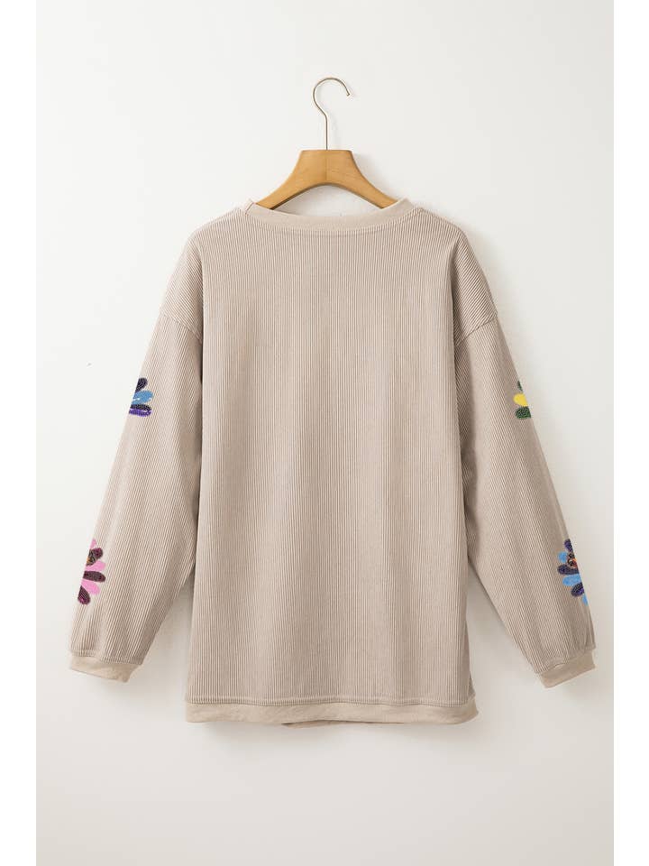 Sequin Turkey Patch Thanksgiving Corduroy Sweatshirt