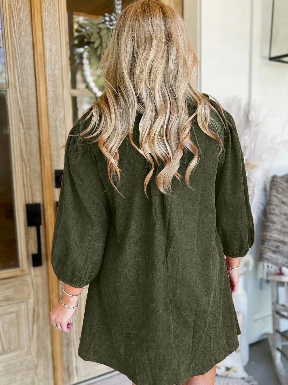 Bracelet Sleeve Split Neck Scallop Detail Pleated Corduroy Mini Dress