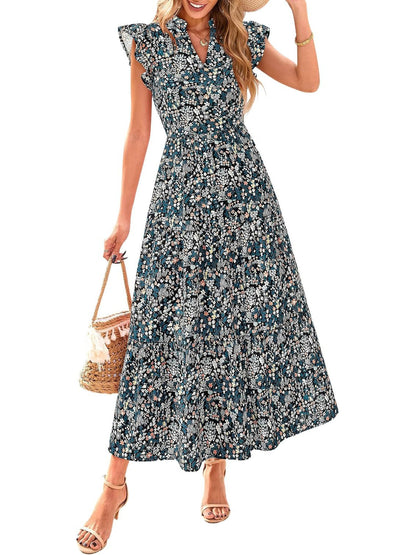 Women's Boho Print V Neck Ruffle Maxi Dress