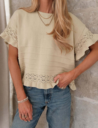 Women's Round Neck Ruffled Hem Knit Pullover Top