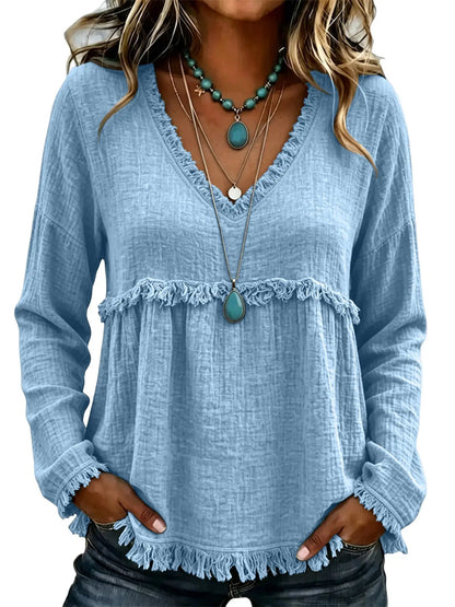Women Boho Fringe Tassel Blouse V‑Neck Long Sleeve Loose Casual Top