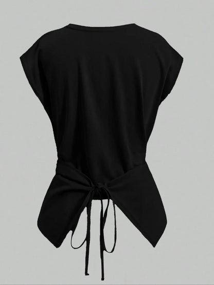 Women's Cap Sleeve Tie Back Cinched Waist Wrap Top