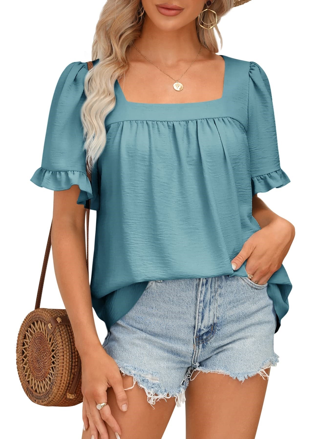 🔥Women's Sqaure Neck Ruffle Sleeve Blouses Peplum Tops