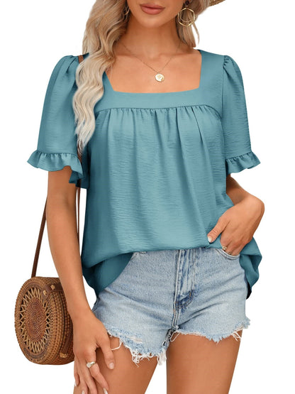 🔥Women's Sqaure Neck Ruffle Sleeve Blouses Peplum Tops