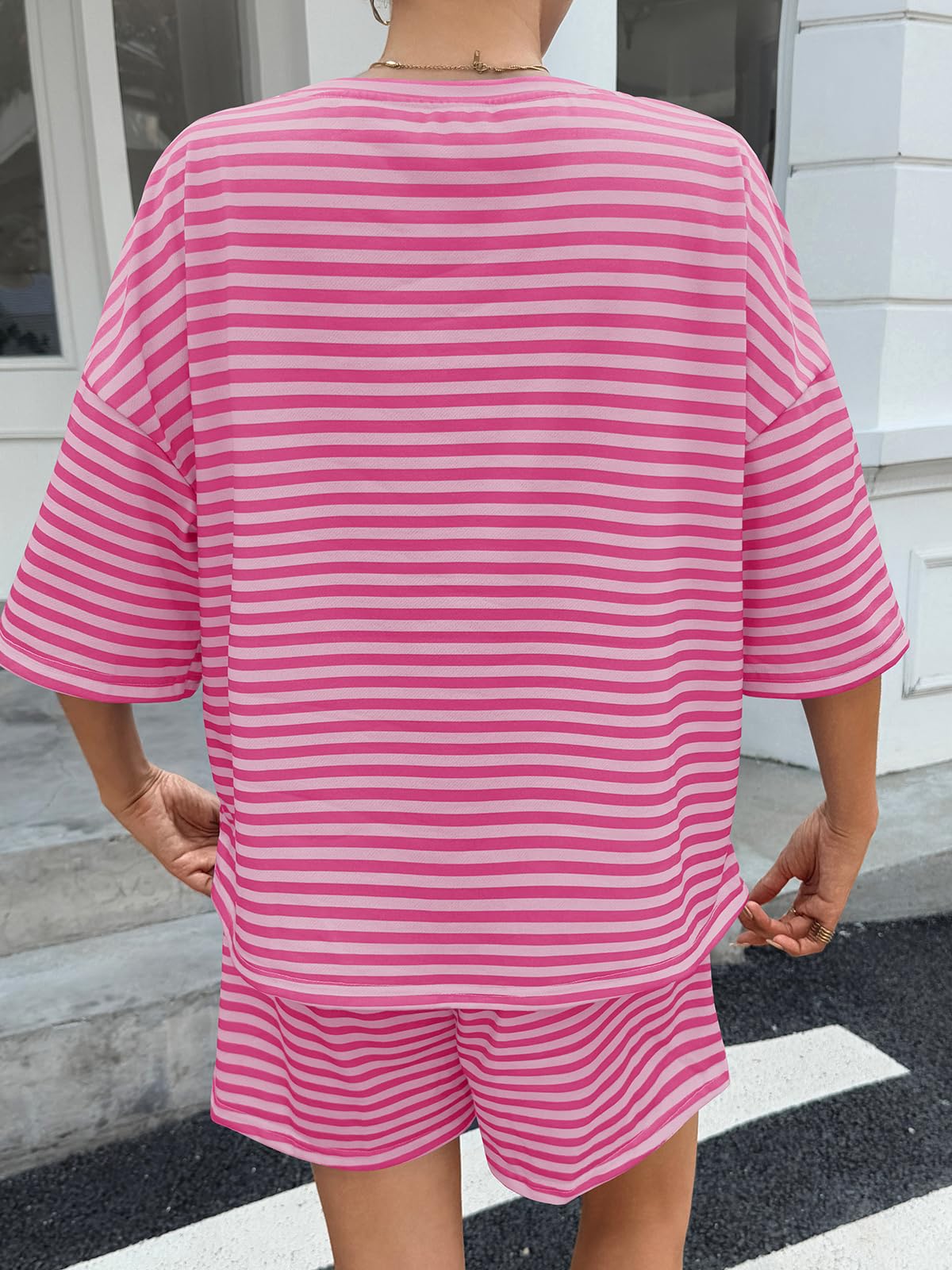 Womens Striped 3/4 Sleeve Oversized Tops High Waisted Shorts Casual Lounge Sets