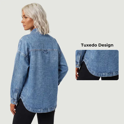 Women Vintage Washed Denim Shacket Long Sleeve Oversized Shacket