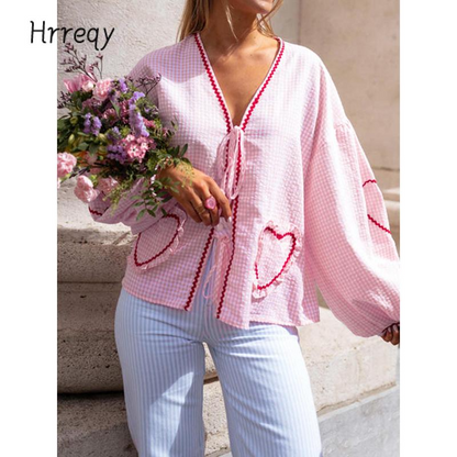 Women Long Sleeve Shirts Heart Embroidery Plaid Front Bowknot Tie-Up Blouses