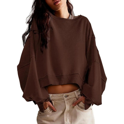 Women Solid Crew Neck Raw Stitch Detail Loose Cropped Sweatshirt
