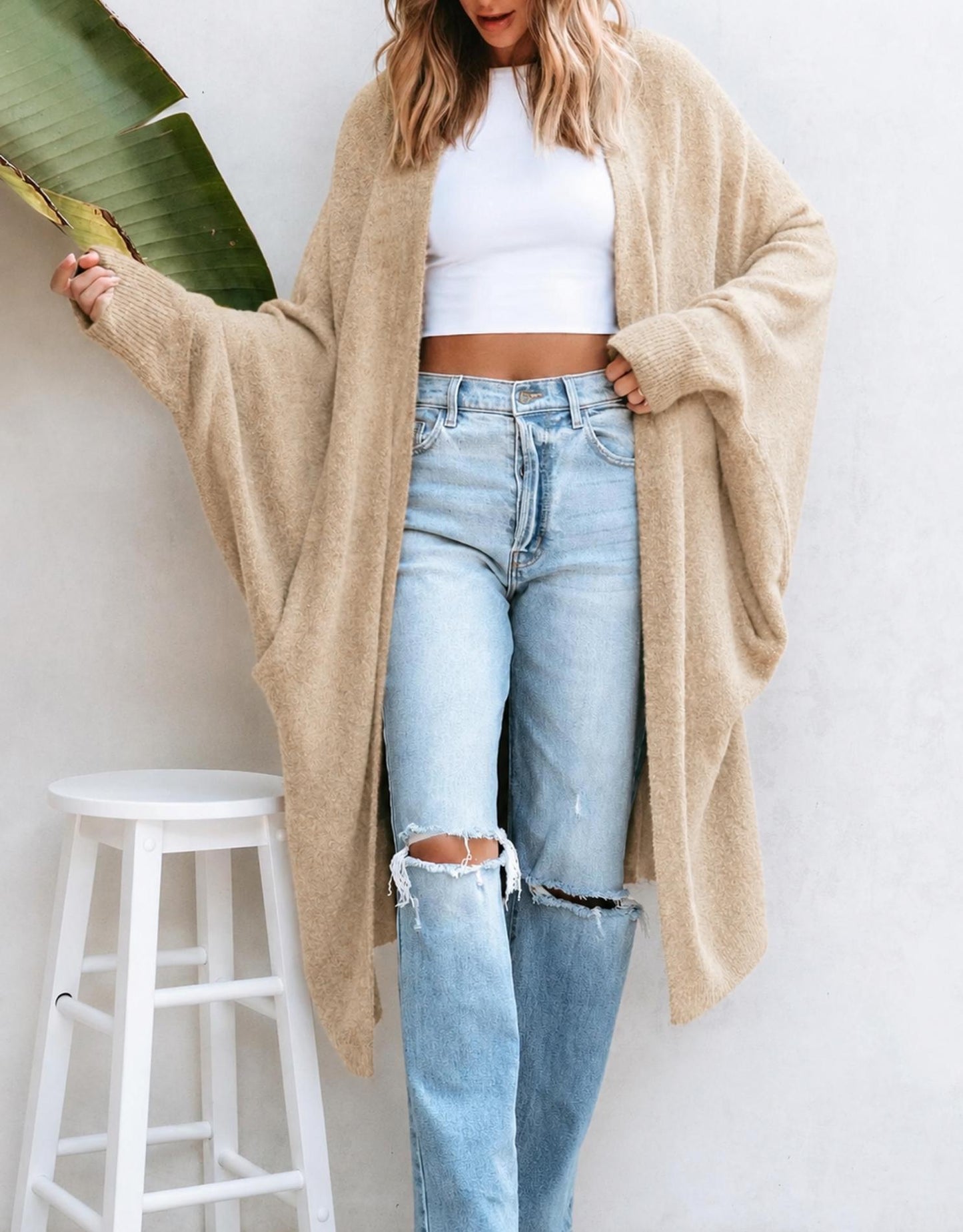 Women Oversized Long Knit Cardigan Open Front Loose Sweater Coat With Pockets