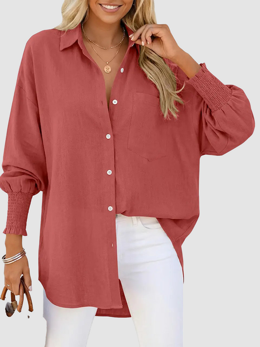 Women Loose Linen Blend Pocket Shirt with Smocked Elastic Cuffs