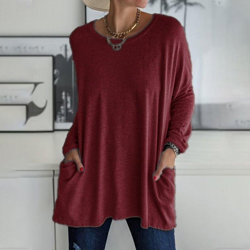 Women's  Round Neck Long Sleeve Loose Pocket Solid T-Shirt