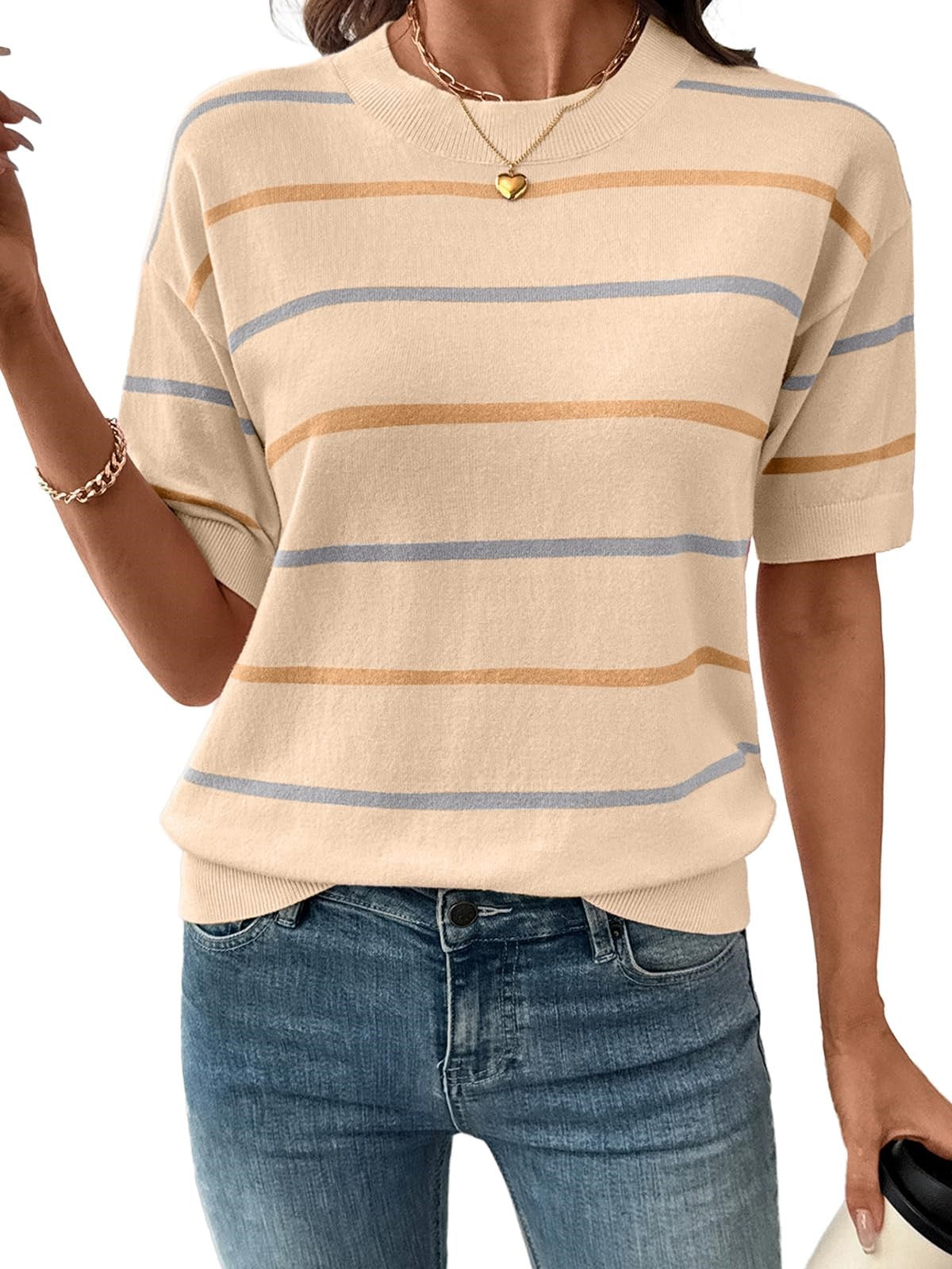 2026 Womens Tops Crewneck Short Sleeve Sweater Pullover Knit Striped Shirt