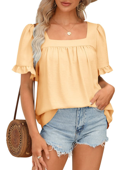 🔥Women's Sqaure Neck Ruffle Sleeve Blouses Peplum Tops