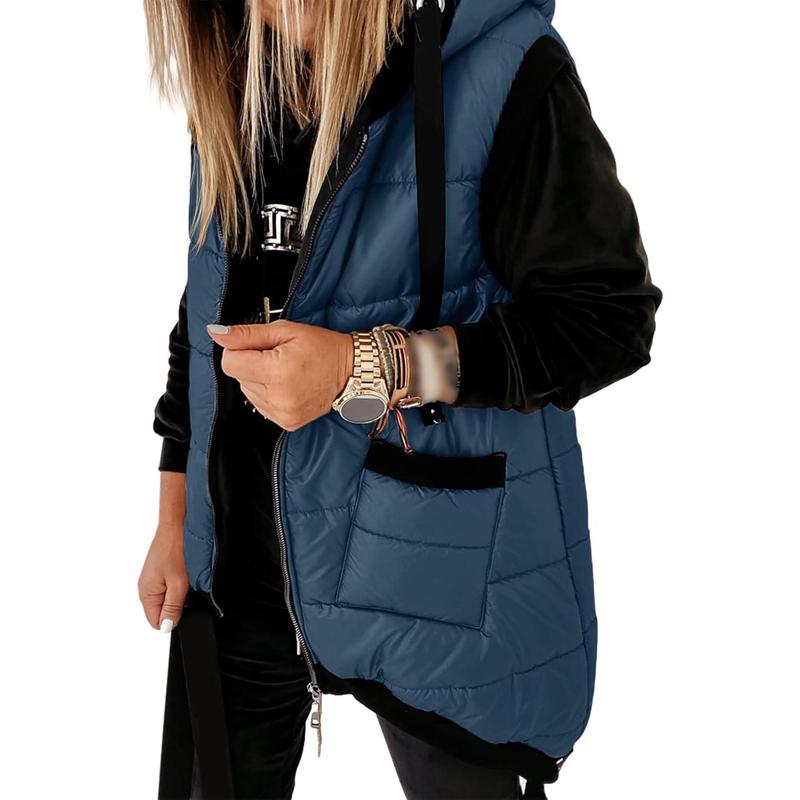 Women's Hooded Puffer Long Vest Lightweight Zipper Up Padded Gilet With Pocket