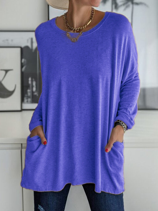 Women's  Round Neck Long Sleeve Loose Pocket Solid T-Shirt