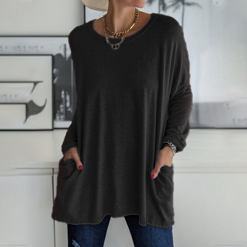 Women's  Round Neck Long Sleeve Loose Pocket Solid T-Shirt
