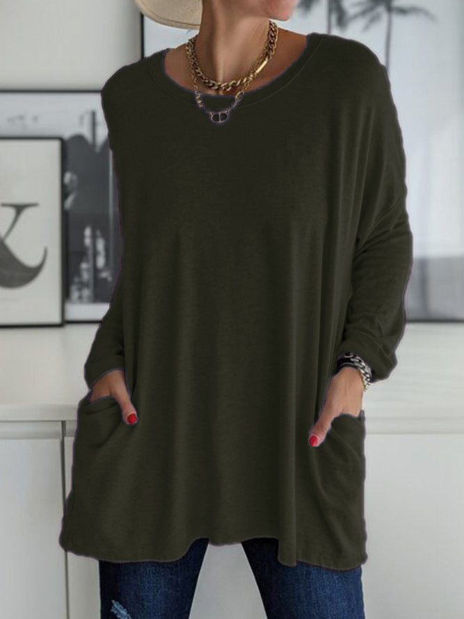 Women's  Round Neck Long Sleeve Loose Pocket Solid T-Shirt