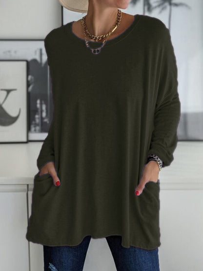 Women's  Round Neck Long Sleeve Loose Pocket Solid T-Shirt