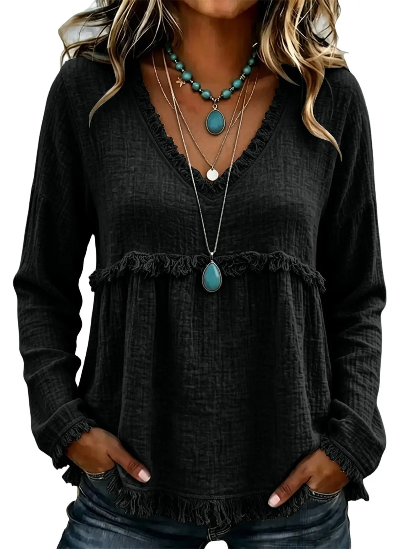 Women Boho Fringe Tassel Blouse V‑Neck Long Sleeve Loose Casual Top