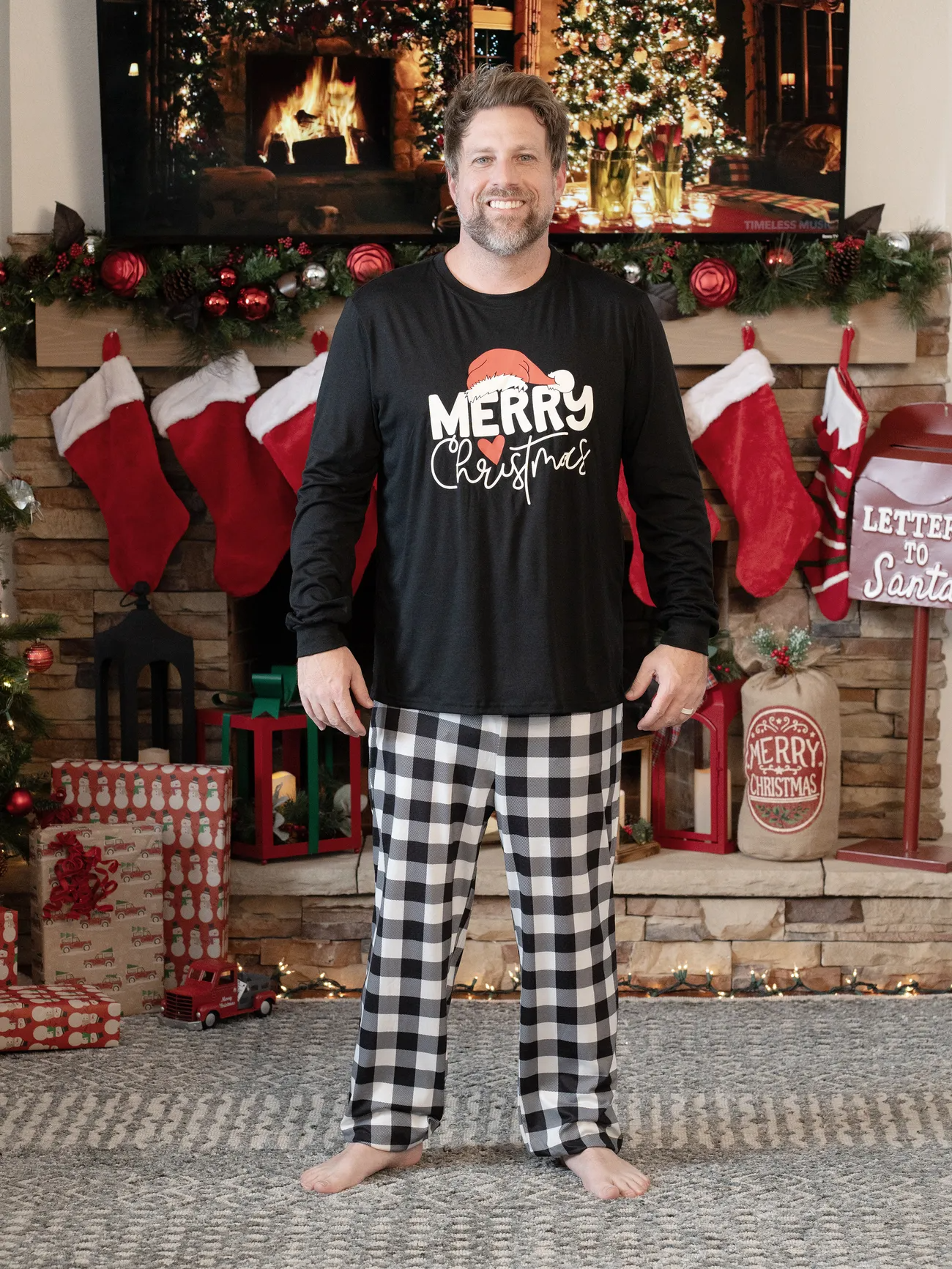 🌲🎁Family Christmas  Long-sleeve Black White Letters Pajamas