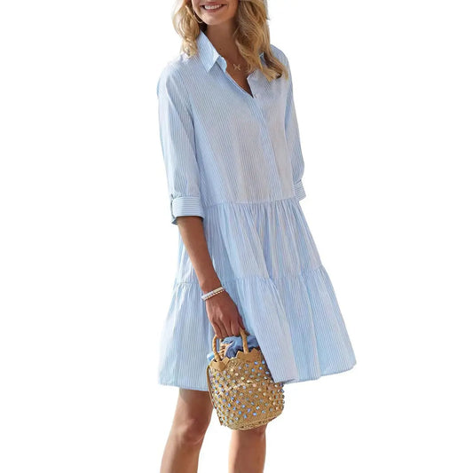 Women's Striped Button Down Shirt Dress Cuffed Sleeve Tiered Dress