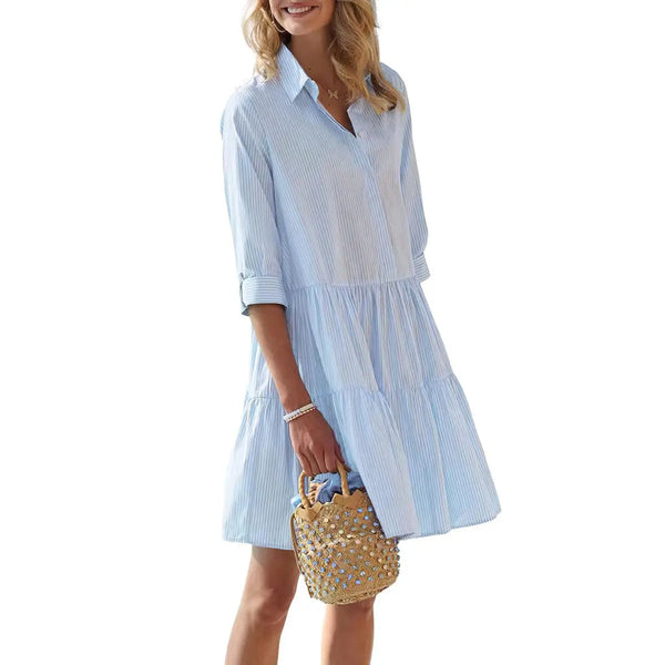 Women's Striped Button Down Shirt Dress Cuffed Sleeve Tiered Dress