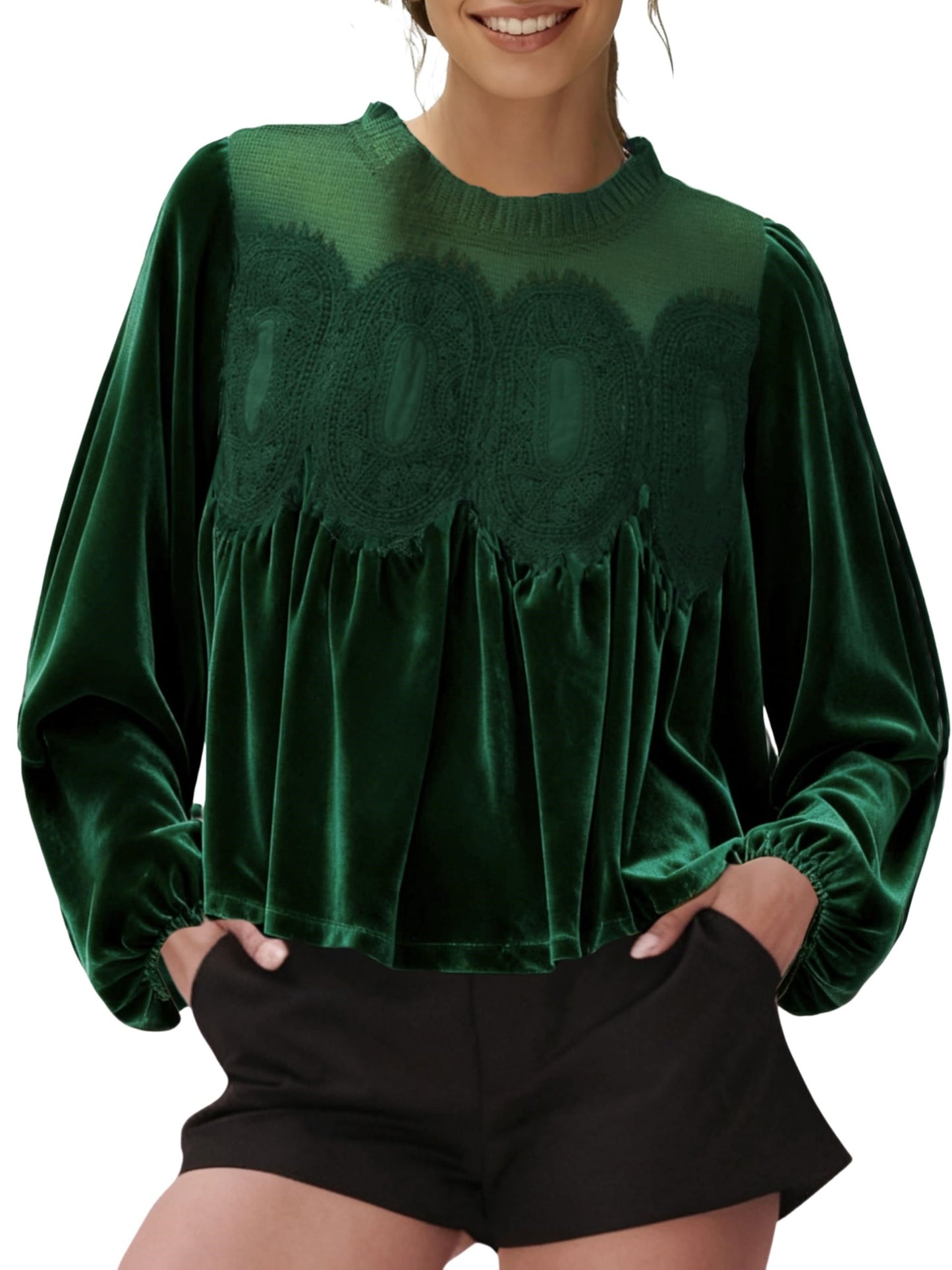 Women's Long Sleeve Velvet Trim Lace Blouse Elegant Flared Swing Top