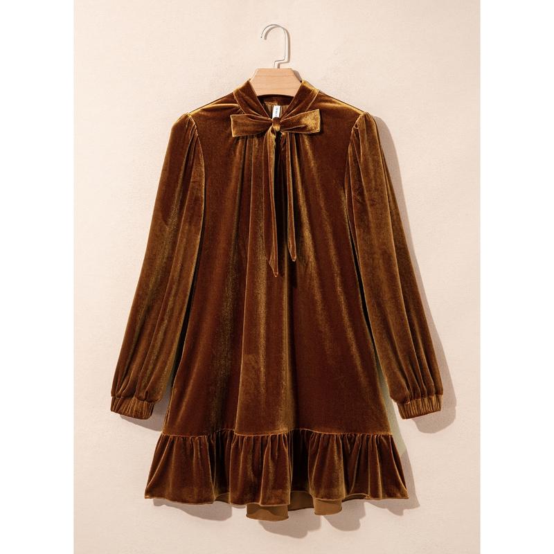Women Tie Neck Long Sleeve A-Line Babydoll Mini Dress Ruffle Hem