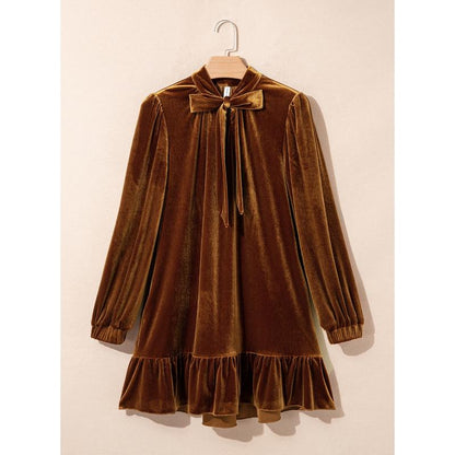 Women Tie Neck Long Sleeve A-Line Babydoll Mini Dress Ruffle Hem