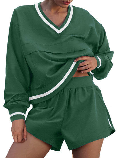 Womens Long Sleeve V Neck Sweatshirt High Waist Running Shorts Sets