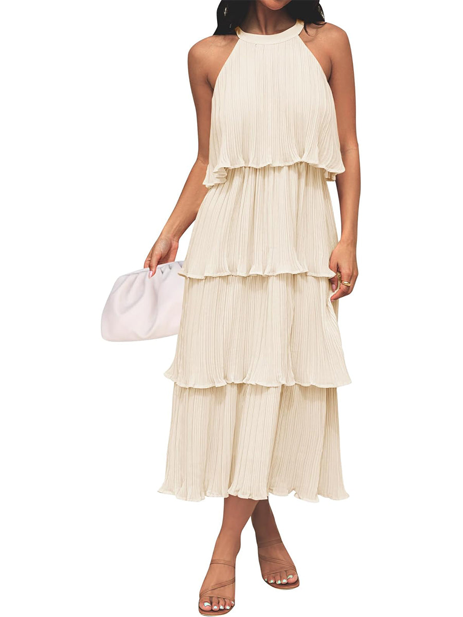 Women's Summer Halter Neck Ruffle Tiered Layered Chiffon Flowy Swing Midi Dress