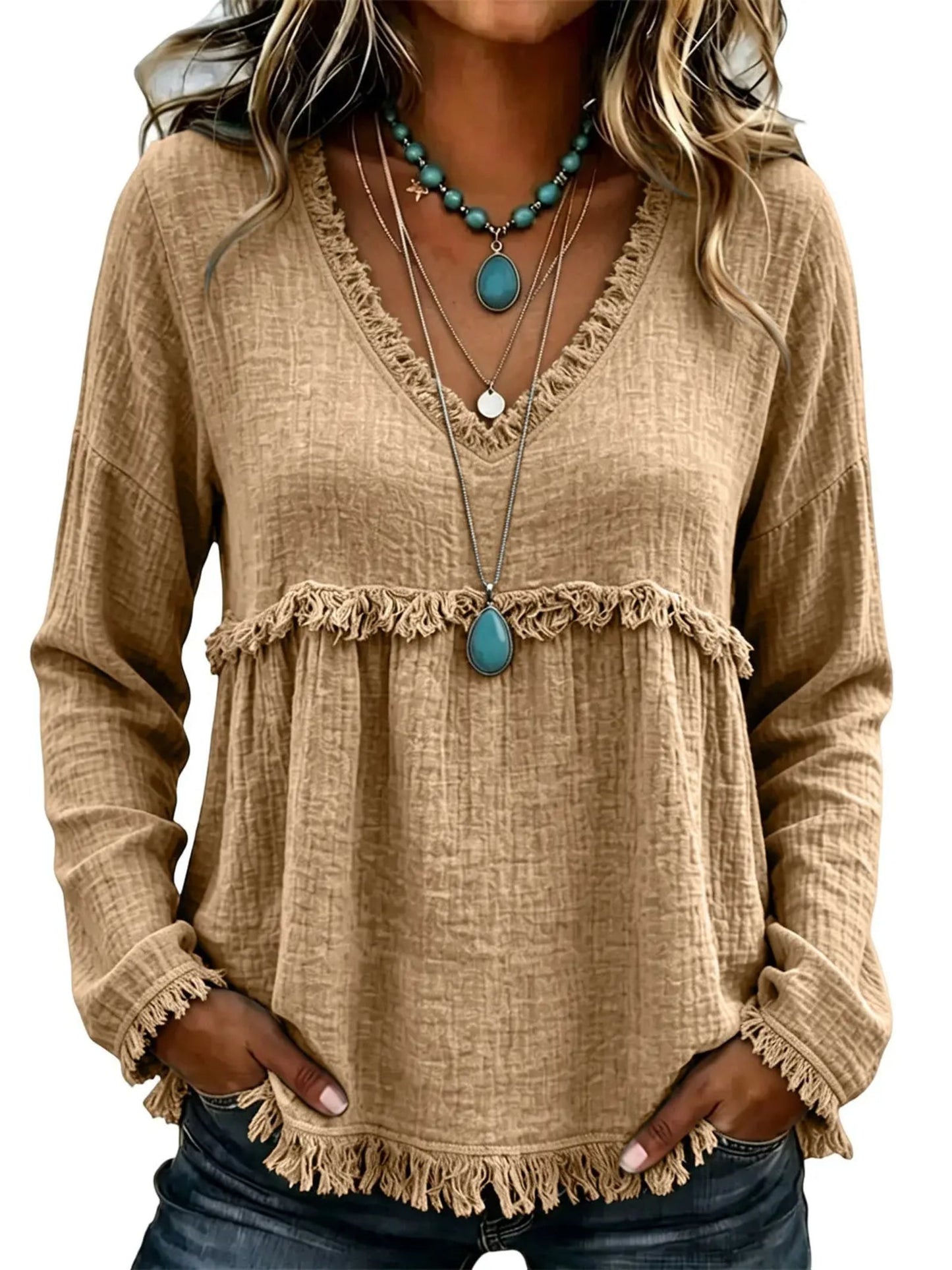 Women Boho Fringe Tassel Blouse V‑Neck Long Sleeve Loose Casual Top