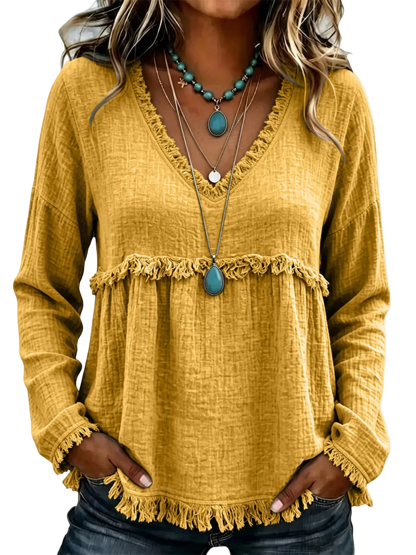 Women Boho Fringe Tassel Blouse V‑Neck Long Sleeve Loose Casual Top
