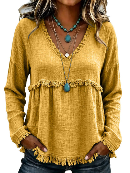 Women Boho Fringe Tassel Blouse V‑Neck Long Sleeve Loose Casual Top