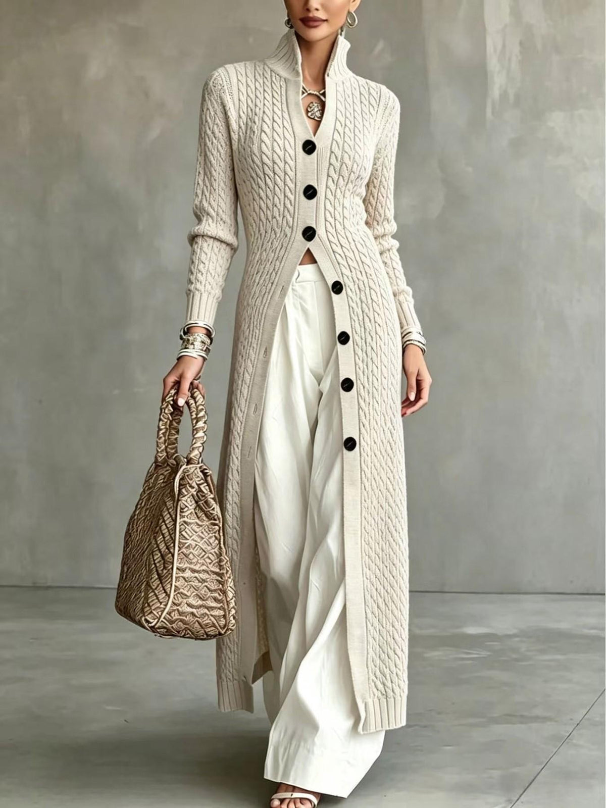 Women's Stand Collar Single Button Cable Knit Long Cardigan