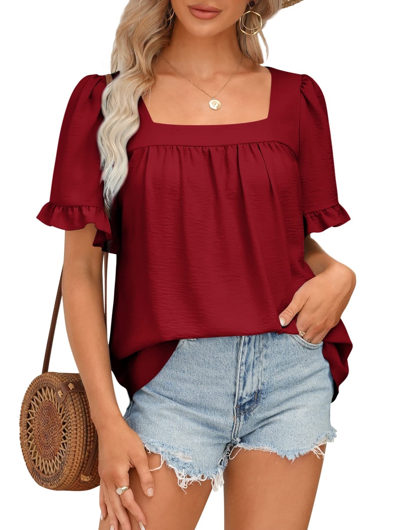 🔥Women's Sqaure Neck Ruffle Sleeve Blouses Peplum Tops