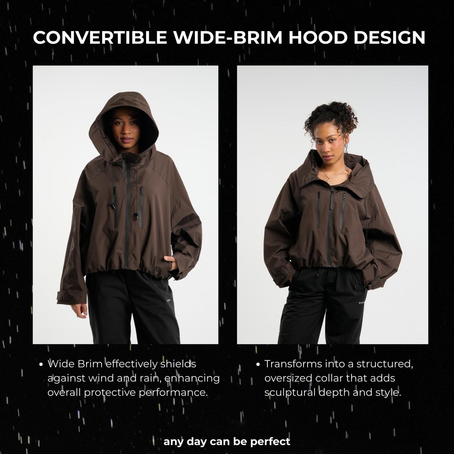 Women's Oversized Pleated Hem Rain Jacket With Hooded