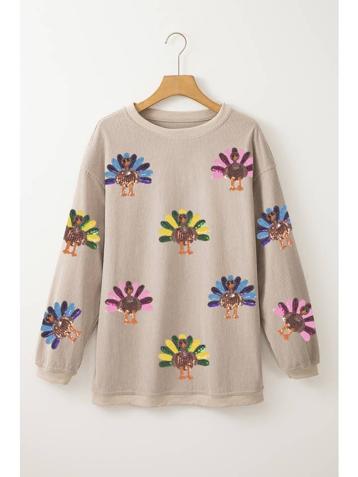 Sequin Turkey Patch Thanksgiving Corduroy Sweatshirt