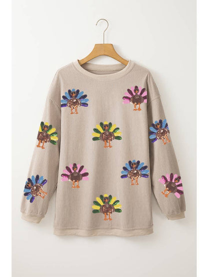 Sequin Turkey Patch Thanksgiving Corduroy Sweatshirt
