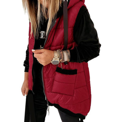 Women's Hooded Puffer Long Vest Lightweight Zipper Up Padded Gilet With Pocket