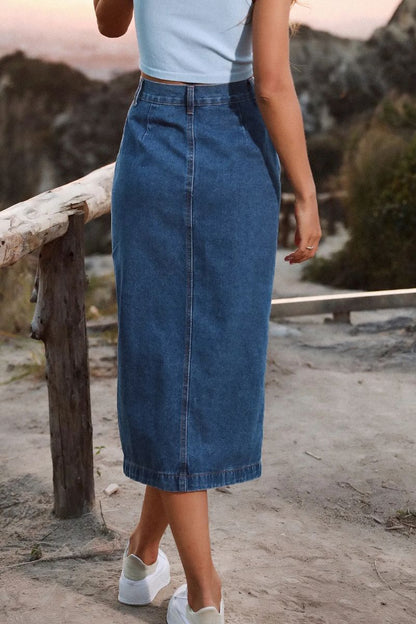 Womens High Waisted Washed Button Front Denim Long Skirt (Buy 2 Free Shipping)