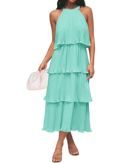 Women's Summer Halter Neck Ruffle Tiered Layered Chiffon Flowy Swing Midi Dress