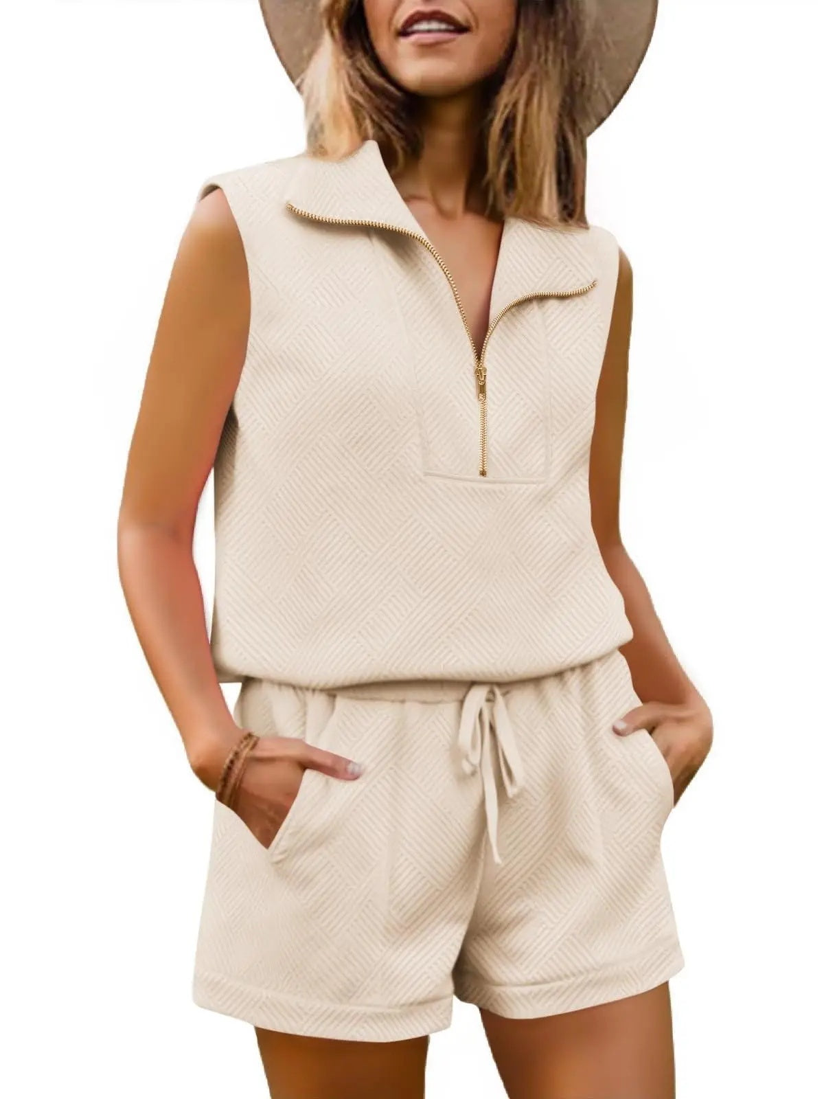 Womens 2 Piece Outfits  extured Quarter-Zip Sleeveless Tops with Shorts