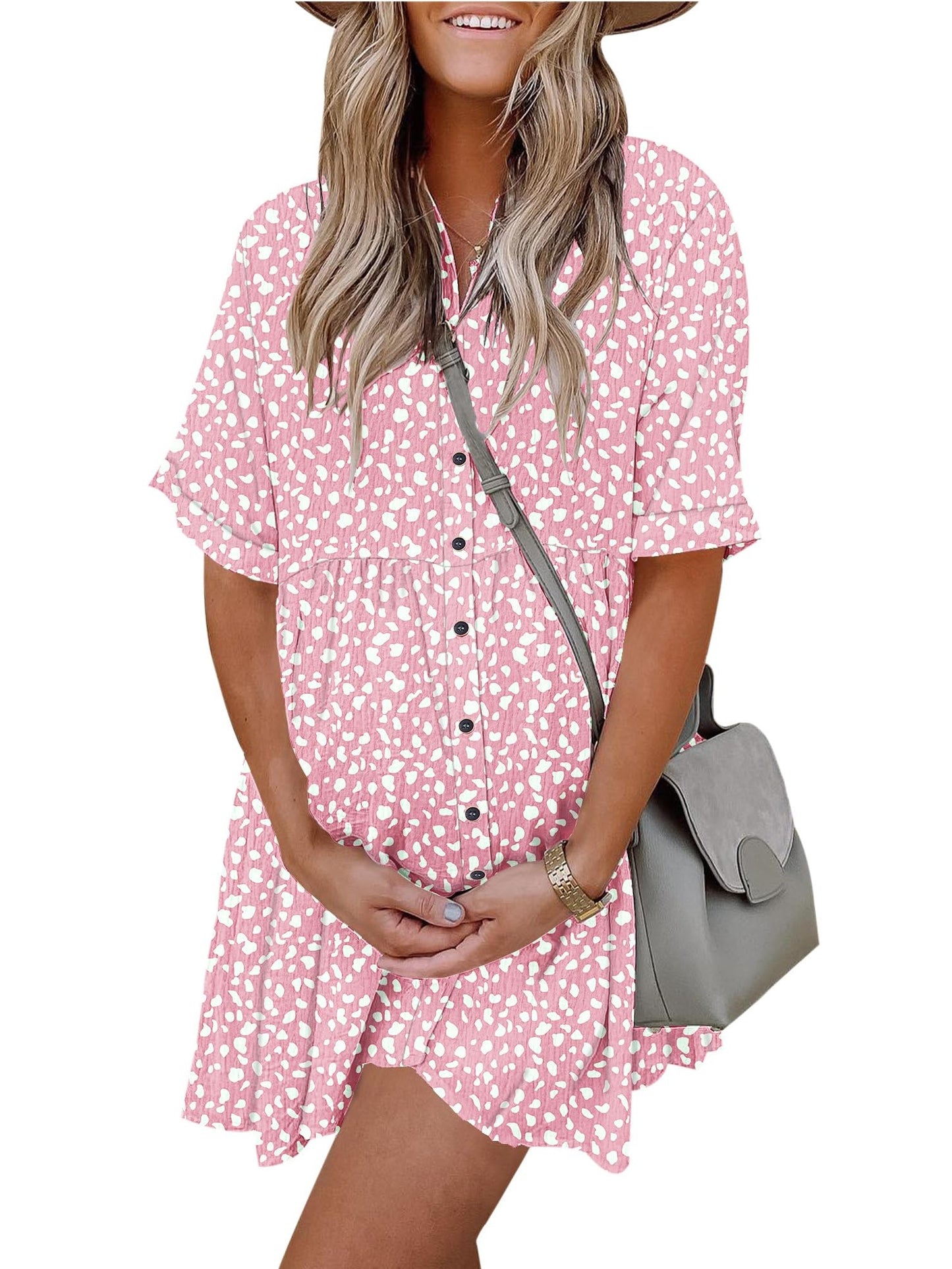 Women's Printed Short Sleeve Button Down Dress with Pockets