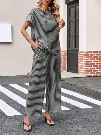 Womens Striped 2 Piece Sets Short Sleeve T Shirts Wide Leg Pants with Pockets