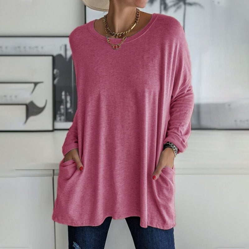 Women's  Round Neck Long Sleeve Loose Pocket Solid T-Shirt