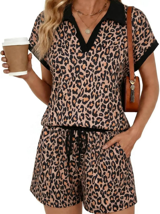 Women's Leopard Print Top & Drawstring Shorts Set