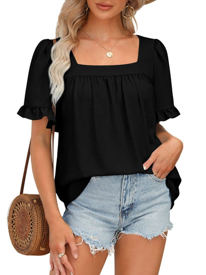🔥Women's Sqaure Neck Ruffle Sleeve Blouses Peplum Tops