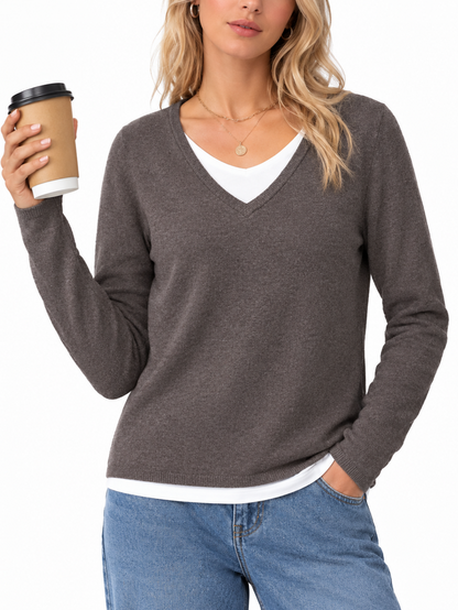 Women's 2 in 1 Patchwork V Neck Casual Sweater Tops Knitwear Long Sleeve